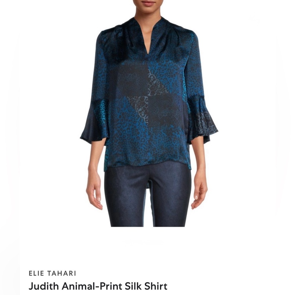 Elie Tahari NWOT “Judith” 100% Silk Animal Print Blouse Size Small. Blue & Black - Picture 14 of 16